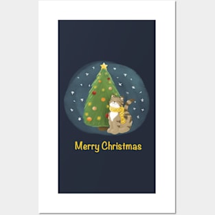 Merry Christmas cat with Christmas tree Posters and Art